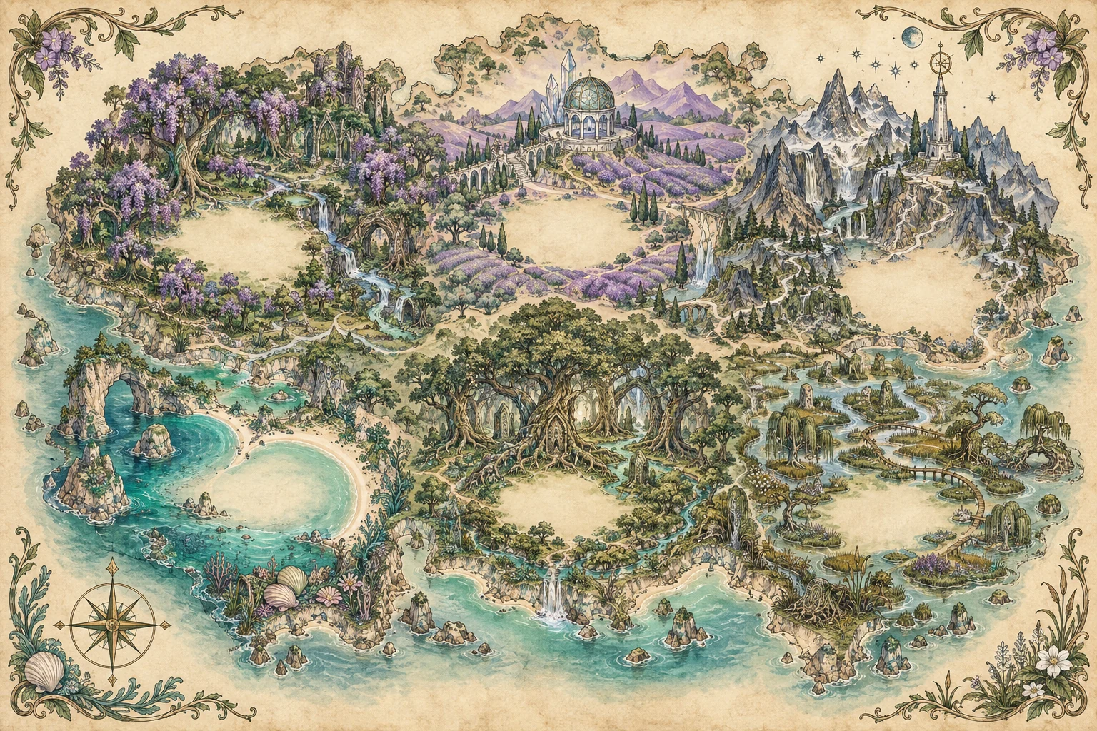 Parchment fantasy map with forests, a cove, a palace, mountains, a grove, and islands